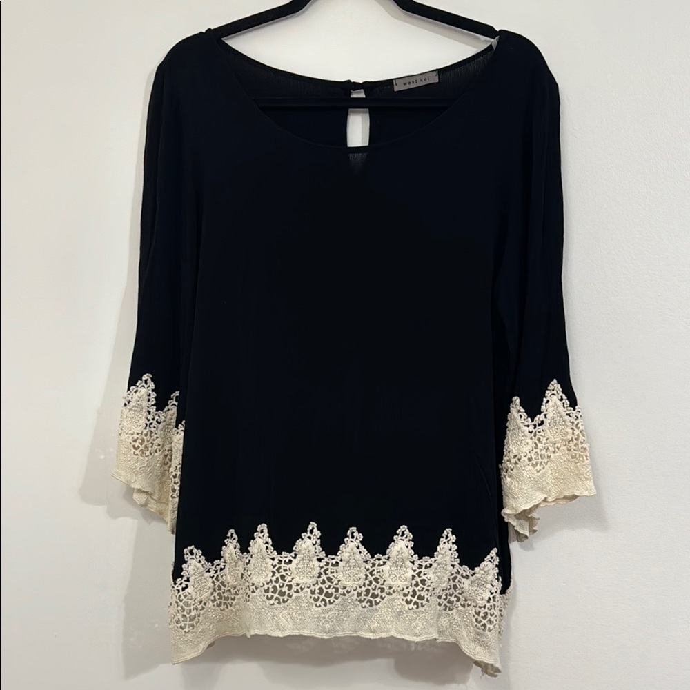 3/4 Length Sleeve West Kei Black Blouse with Cream Lace